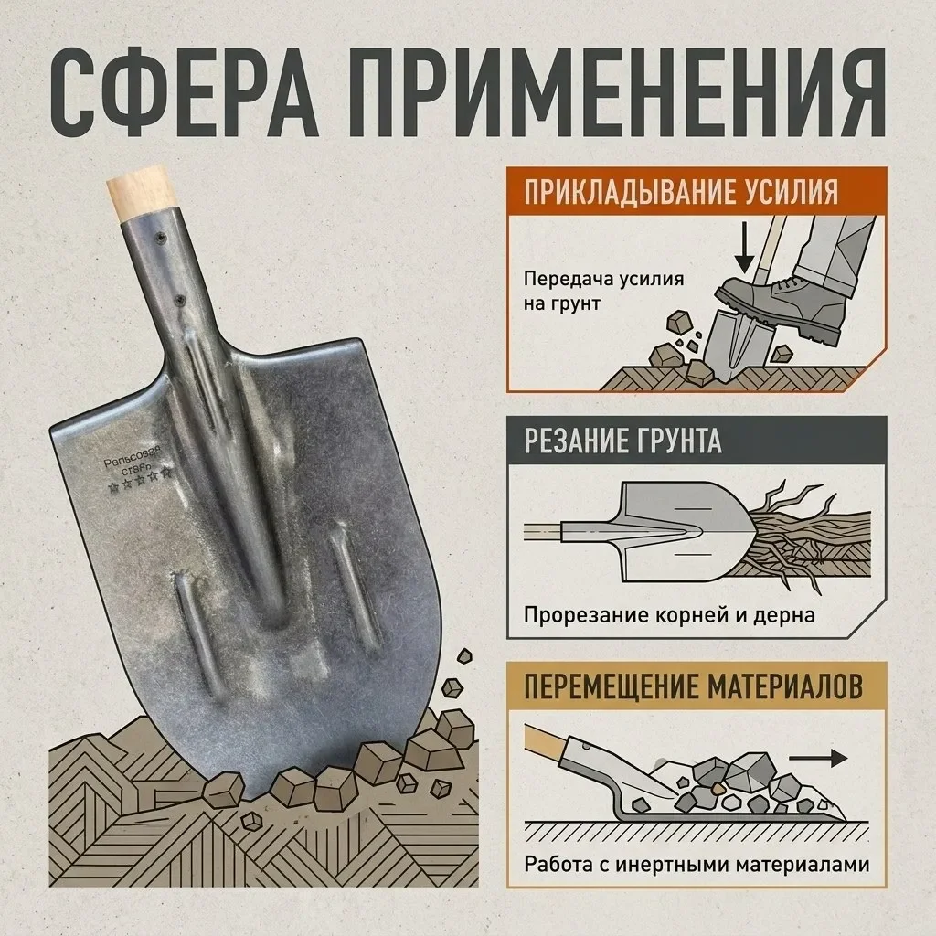 Комплект: Лопата штыковая из рельсовой стали с ребрами жесткости + Черенок
